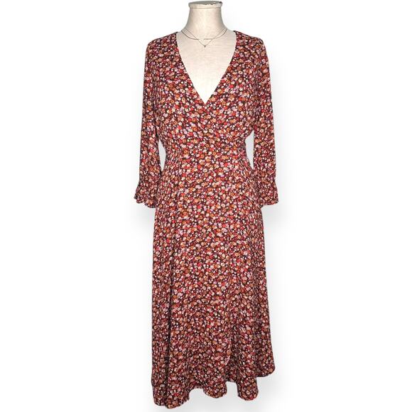 MADEWELL Clipdot Faux Wrap Midi Dress Floral Spring Prairie Cottagecore 6 Red - Picture 3 of 13